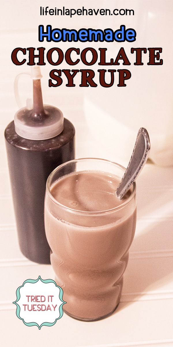 Life in Lape Haven - Tried It Tuesday: Homemade Chocolate Syrup. An easy, inexpensive, healthier, and delicious homemade chocolate syrup that will guarantee you'll never need store-bought again. Great for chocolate milk & as an ice cream topping! Yummy.