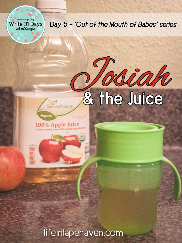 Life in Lape Haven: Write 31 Days - Out of the Mouth of Babes, Josiah and the Juice. How a cup of juice reminded me to not worry, but simply trust God to take care of my needs.