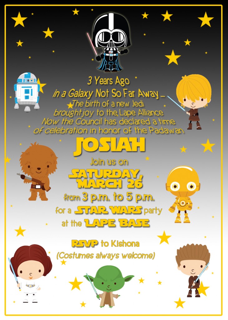 Life in Lape Haven: Josiah's Star Wars Birthday Party. Our littlest boy just turned three, and we celebrated with a fun Star Wars birthday party. Here is the scoop on our costumes, decorations, cake, and more with links to all the printables and recipes I used.