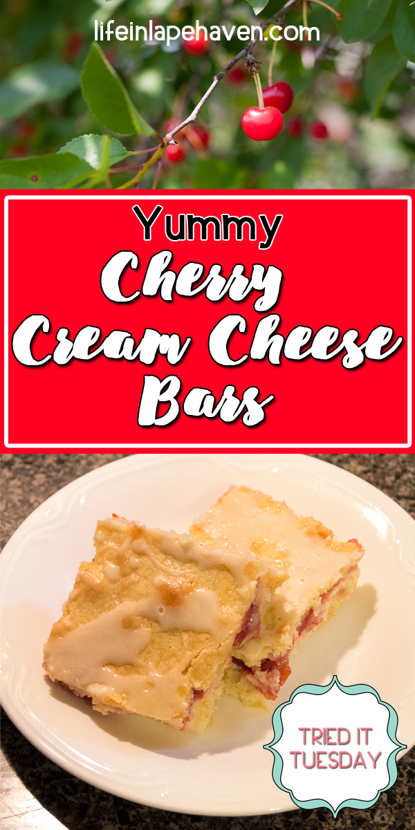 Life in Lape Haven: Tried It Tuesday: Yummy Cherry Cream Cheese Bars, These tasty little treats layer dough with a homemade cherry pie filling, cream cheese, and a sweet glaze. Great way to use fresh cherries!