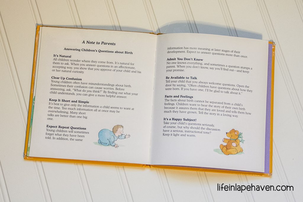 Life in Lape Haven: Our Favorite Children's Book about Pregnancy & Babies. We love this simple, easy to read story about where babies come from. Perfect for young children & preschoolers. Informative without giving too much information.