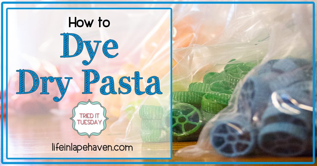 Life in Lape Haven: Tried It Tuesday - How to Dye Dry Pasta. Colored pasta noodles are great for kids' crafts, art projects, and sensory bins. Here is how I dyed dry pasta using food coloring for our vacation Bible school Maker Fun Factory and the tips I learned through the experience.